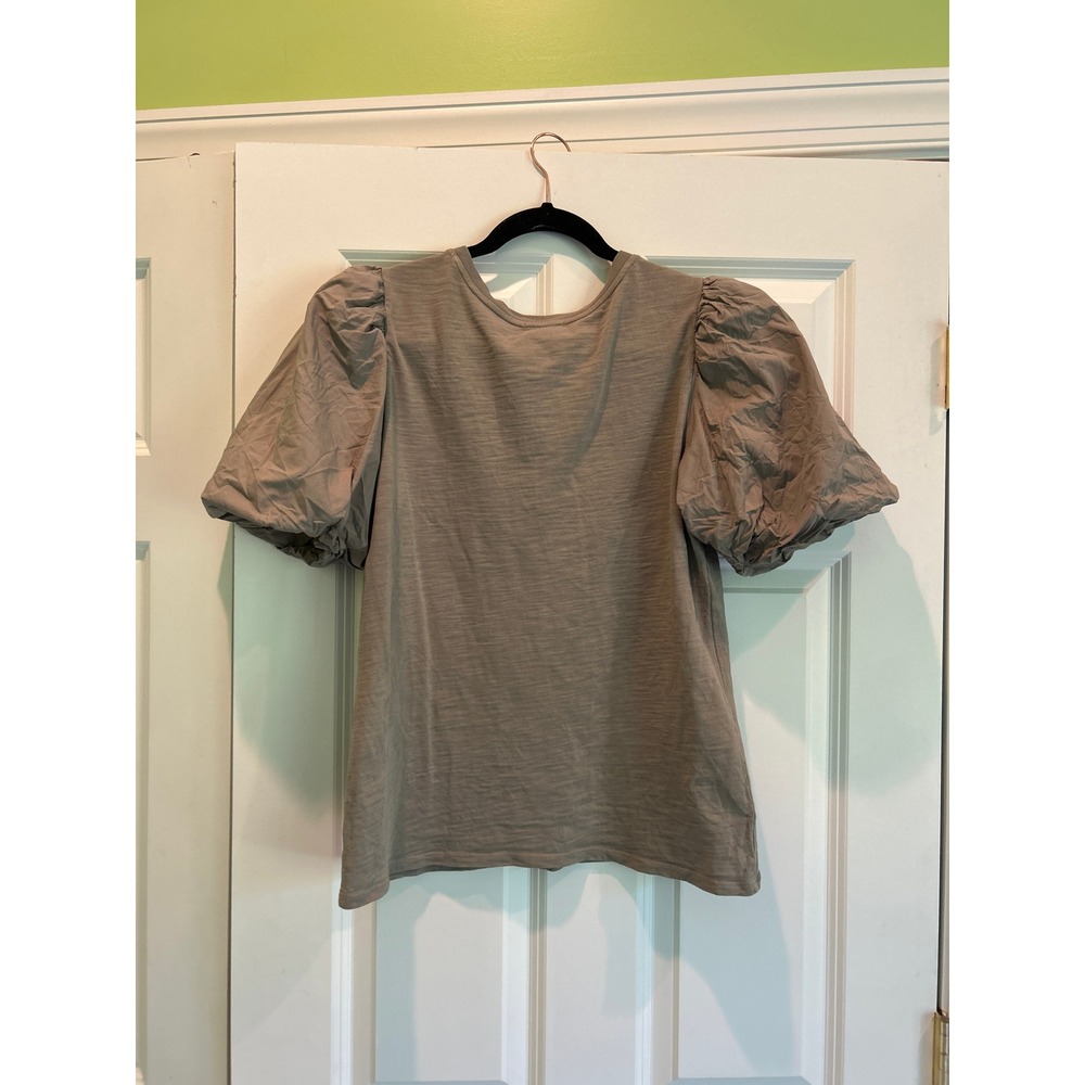 Nation LTD Noa Puff Sleeve V-Neck Slub Jersey T-Shirt Taupe Gray Size L - Picture 4 of 5
